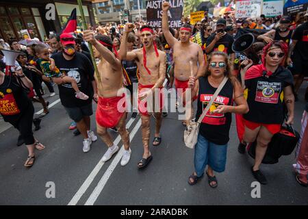 Sydney, NSW, AUSTRALIA - January 26, 2020: Thousands of aboriginal protesters in Hyde Park Sydney ask the government to change Australia Day date. Stock Photo