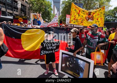 Sydney, NSW, AUSTRALIA - January 26, 2020: Thousands of aboriginal protesters in Hyde Park Sydney ask the government to change Australia Day date. Stock Photo