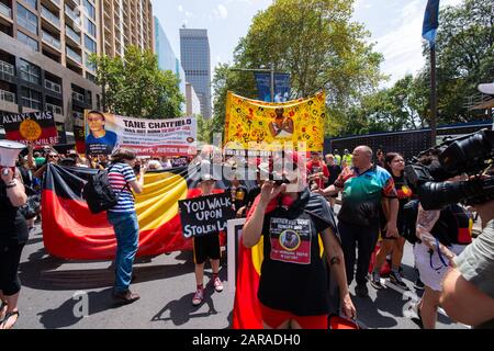 Sydney, NSW, AUSTRALIA - January 26, 2020: Thousands of aboriginal protesters in Hyde Park Sydney ask the government to change Australia Day date. Stock Photo