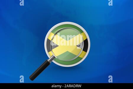 Jamaican flag behind a magnifying glass. The flag badge has nicely detailed plastic texture on a blue background. 3D rendering. Stock Photo