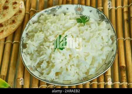 Wali wa Nazi, Coconut rice, Kenyan cuisine, Traditional assorted African dishes, Top view. Stock Photo