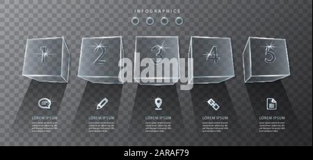 Vector infographic design UI template transparent glass cubic box and icons. Ideal for business concept presentation banner workflow layout and proces Stock Vector
