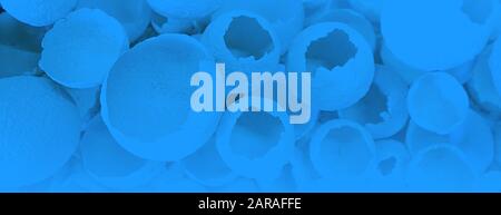 Cracked eggs pattern on classic blue color background. Top view, flat lay, selective focus. Easter creative minimal concept. Classic Blue color of the Year 2020 inscription. Stock Photo