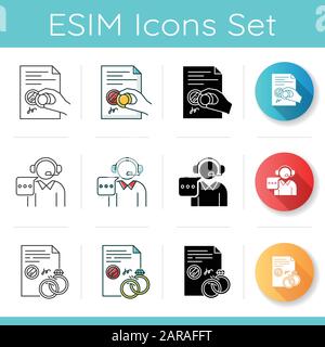 Notary services icons set. Apostille and legalization. Legal document. Certificate. License. Divorce. Call center, customer support. Linear, black and Stock Vector