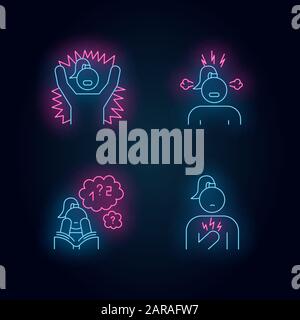 PMS symptoms neon light icons set. Emotional outburst. Irritability and stress. Poor concentration. Math problem solving. Chest pain. Female healthcar Stock Vector