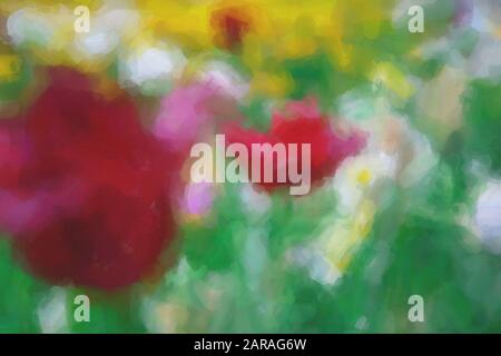 Watercolor painting of colorful flowers growing in spring garden outdoor.Beautiful exotic tulips painted with oil paint on canvas for background desig Stock Photo