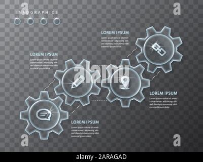 Vector infographic design UI template transparent glass gear wheel and icons. Ideal for business concept presentation banner workflow layout and proce Stock Vector