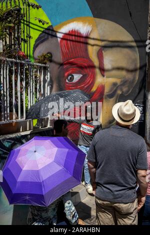 Medellin, Colombia: Comuna 13, these days the area is known for the graffiti/ street art which has helped transform this area. Stock Photo