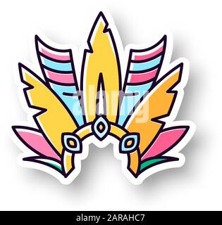 Brazilian carnival headwear patch. RGB color printable sticker. Crown with plumage. Mask. Traditional clothing. Ethnic festival. National holiday. Mas Stock Vector