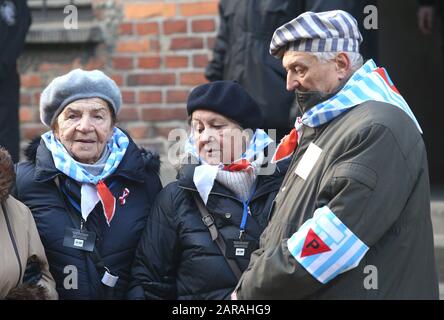 Oswiecim, Poland. 27th Jan, 2020. Former prisoners of the Auschwitz-Birkenau concentration camp. 75th anniversary of Auschwitz liberation and Holocaust Remembrance Day. The biggest German Nazi concentration and extermination camp KL Auschwitz-Birkenau was liberated by the Red Army on 27 January 1945. Credit: Damian Klamka/ZUMA Wire/Alamy Live News Stock Photo