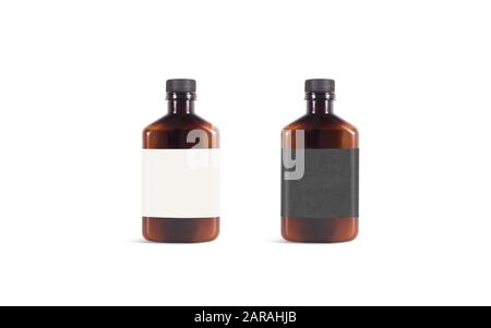 Blank amber plastic bottle with black and white label mockup Stock Photo