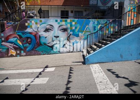 Medellin, Colombia: Comuna 13, these days the area is known for the graffiti/ street art which has helped transform this area. Stock Photo