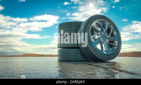 Tires rolling on asphalt in at summer. - 3D illustration Stock Photo