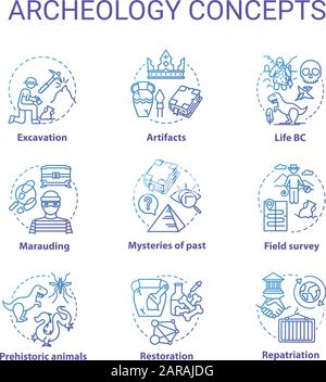 Archelogy concept icons set. Studying the history of civilization. Treasure hunting idea thin line RGB color illustrations. Vector isolated outline dr Stock Vector