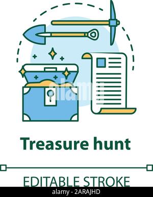 Treasure hunt concept icon. Arheological expedition. Historical research. Search and excavation of ancient antique chest idea thin line illustration. Stock Vector