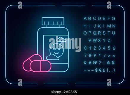 Antidepressant neon light icon. Depression medication. Pills and drugs in bottle. Painkiller and supplement. Glowing sign with alphabet, numbers and s Stock Vector