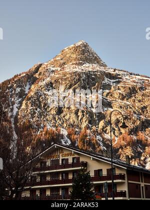 Courmayeur, Italy - January 18, 2020 View of a snowy mountain peak from the village of Courmayeur in the Aosta Valley in Italy Stock Photo
