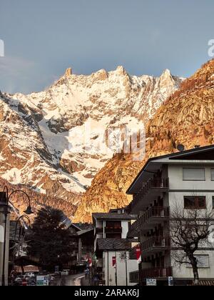 Courmayeur, Italy - January 18, 2020 Landscape of the snowy mountains of the Aosta Valley in Italy seen from the village of Courmayeur Stock Photo