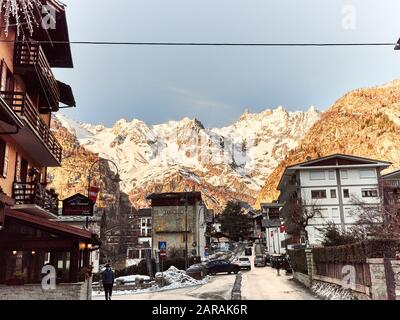 Courmayeur, Italy - January 18, 2020 Landscape of the snowy mountains of the Aosta Valley in Italy seen from the village of Courmayeur Stock Photo