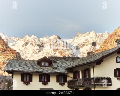 Courmayeur, Italy - January 18, 2020 Landscape of the snowy mountains of the Aosta Valley in Italy seen from the village of Courmayeur Stock Photo
