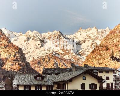 Courmayeur, Italy - January 18, 2020 Landscape of the snowy mountains of the Aosta Valley in Italy seen from the village of Courmayeur Stock Photo