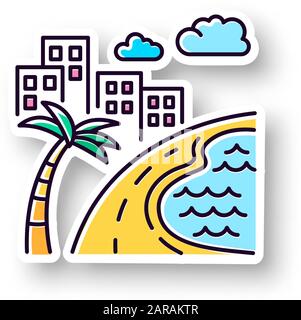 Brazil ocean beach patch. RGB color printable sticker. Skyscrapers and pond. Buildings. Road along coast with palm. San Paulo. Rio de Janeiro. Vector Stock Vector