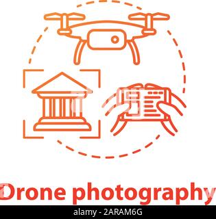 Drone photography concept icon. Quad copter with camera spying on house. Shooting historical objects from unusual angle. Vector isolated outline RGB c Stock Vector