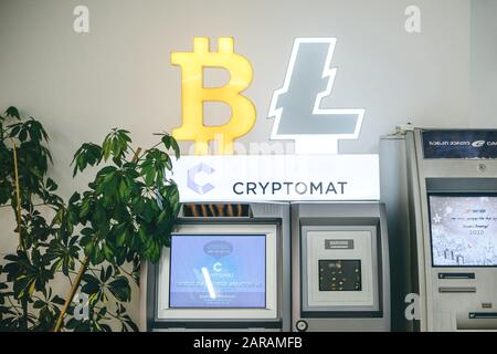 Georgia, Tbilisi, January 26, 2020: A cryptocurrency ATM or crypto machine in a shopping center. Stock Photo