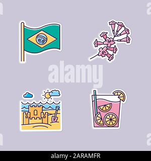 Brazil printable patches. National flag. RGB color stickers, pins and badges set. Plumeria. Caipirinha. Sand castle on the coast. Traditional cocktail Stock Vector