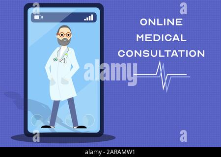 Online medical consultation service, mobile application development. Illustration of a doctor on smartphone screen with copy space Stock Vector