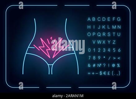 Cramp neon light icon. Menstrual abdominal pain. Predmenstrual syndrome. Female stomach pain. Diarrhea, constipation. Glowing sign with alphabet, numb Stock Vector