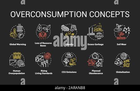 Overconsumption chalk RGB color concept icons set. Global warming. Ecological and environmental damage. Consumerism idea. Vector isolated chalkboard i Stock Vector