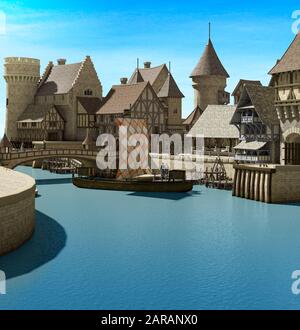 Reconstruction of a Medieval harbor, port with a bridge, town and wooden docks, 3d render Stock Photo