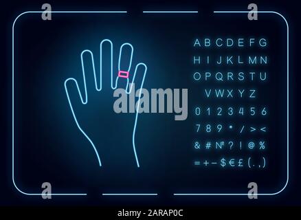 Swelling neon light icon. Weight gain. Swollen finger. Bloating on arm. Hand inflation. Predmenstrual syndrome symptom. Glowing sign with alphabet, nu Stock Vector