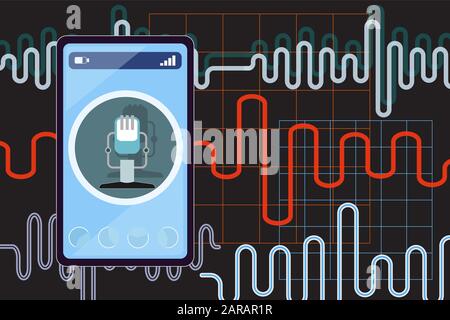 Voice recognition or personal assistance concept flat vector illustration. Microphone on the smartphone screen and sound waves as a symbol of intellig Stock Vector
