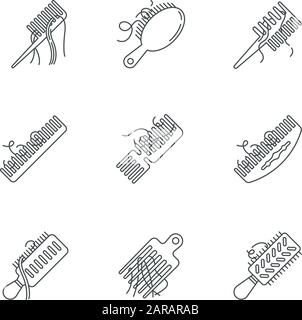 Hair loss pixel perfect linear icons set. Comb with hair. Stress symptom. Dermatology, cosmetology. Customizable thin line contour symbols. Isolated v Stock Vector