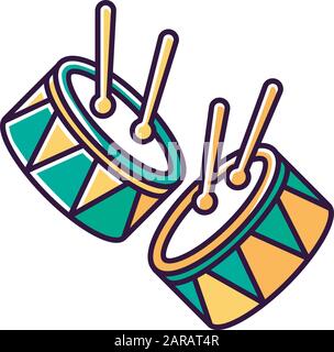 Drums with drumsticks green RGB color icon. Musical instrument. Brazilian carnival. Samba. Festive parade. Musical movement. National holiday. Isolate Stock Vector