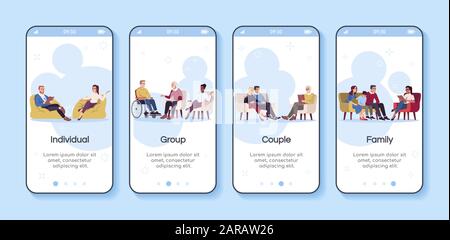 Psychology consultation onboarding mobile app screen vector template. Group, couple, family therapy. Walkthrough website steps with flat characters. U Stock Vector