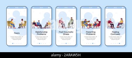 Psychology consultation onboarding mobile app screen vector template. Relationship problems. Fears. Walkthrough website steps with flat characters. UX Stock Vector