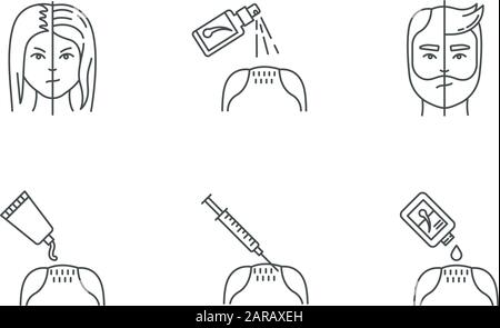 Hair loss pixel perfect linear icons set. Male alopecia. Female balding. Products for hairloss. Customizable thin line contour symbols. Isolated vecto Stock Vector