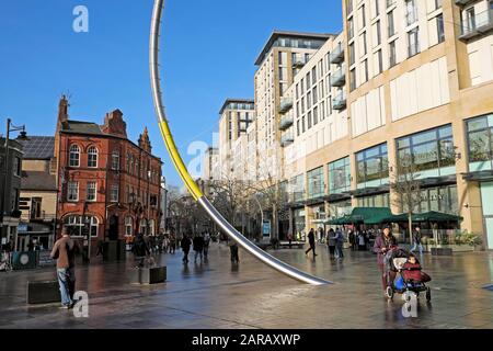 Sculpture outside Cardiff Central Library and John Lewis in the city centre shopping area of Cardiff Wales UK  KATHY DEWITT Stock Photo