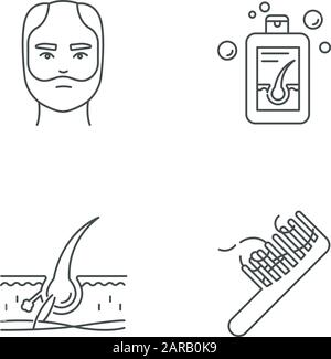 Hair loss pixel perfect linear icons set. Man balding treatment. Male alopecia. Hair strands on comb. Customizable thin line contour symbols. Isolated Stock Vector