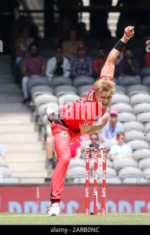 Marvel Stadium, Melbourne, Victoria, Australia. 27th Jan, 2020. KFC Big Bash league(BBL) Match 56 - The Melbourne Renegades Men playing The Brisbane Heat Men - Renegades Bowler Will Sutherland-Melbourne Renegades won by 7 wickets- Image Credit: brett keating/Alamy Live News Stock Photo