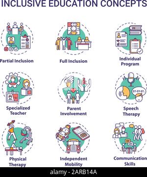 Inclusive education concept icons set. Individual program. Partial and full inclusion. Specialized tuition idea thin line RGB color illustrations. Vec Stock Vector