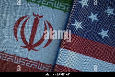 United States of America vs Iran, Iranian flags placed side by side. flame flags of America and Iran, Iranian. 3D illustration Stock Photo