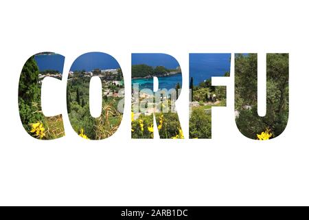 Corfu sign - Greek island name with background travel postcard photo. Stock Photo