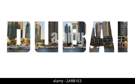 Dubai, UAE - city name text sign with photo in background. Stock Photo