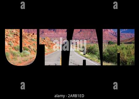 Utah sign - US state name isolated on black with background landscape. Stock Photo