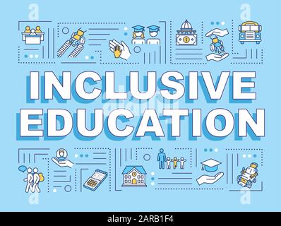 Inclusive education word concepts banner. University program. People with special needs. Infographics with linear icons on blue background. Isolated t Stock Vector