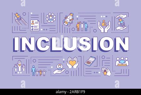 Inclusion word concepts banner. Handicapped people. Disabilities aid. Infographics with linear icons on purple background. Isolated typography. Vector Stock Vector